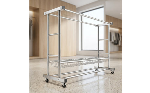 Heavy Duty Rolling Clothes Rack with Basket Sturdy Clothing Rack with Wheels Compact Free Standing for Balcony