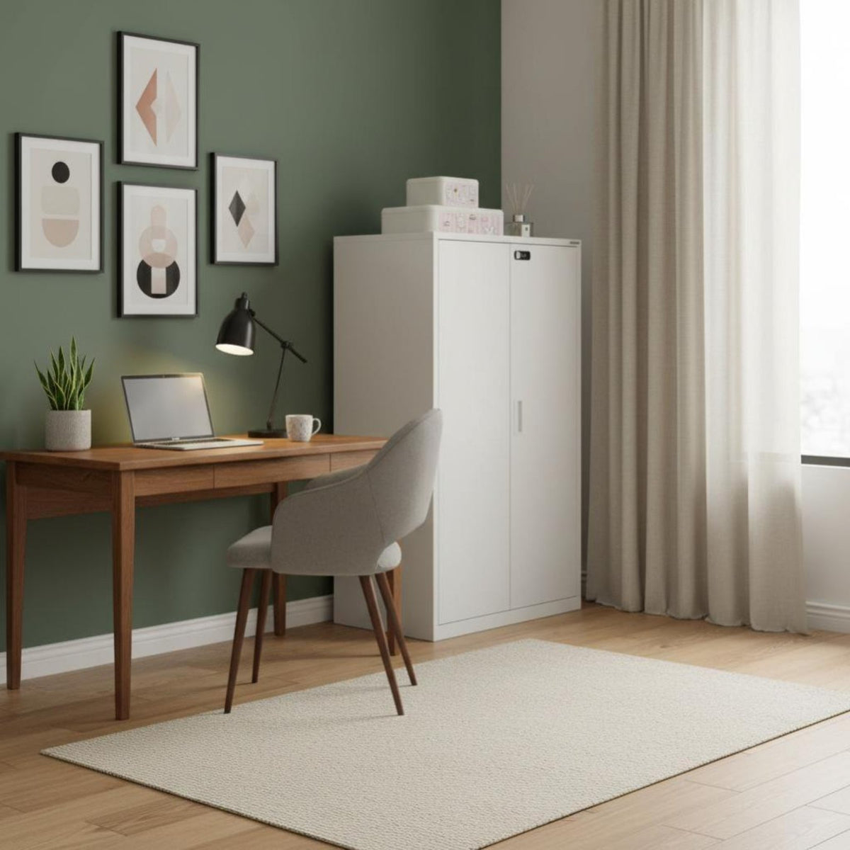 Lockable Drawers Low silhouette Metal Credenza Combination Lock Storage Cabinet Multifunctional Office Furniture sturdyDuty Construction for Administrators, Students, Workspace, Under Desk, Study Room