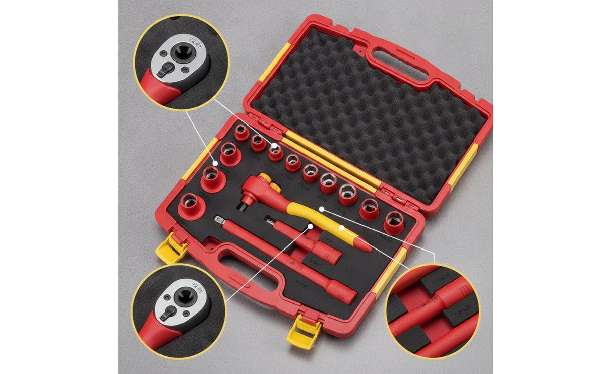 15 Pieces Insulated Socket Set 1000V Insulated Tool Kit with Case Metric Tool Kit with Foam Trays for Electricians, Automotive Repair, Electrical Work