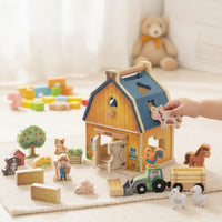 Pretend Play Farm Shape Sorter Playset Fine-Motor Barn Shape Sorter Educational Barn Toy with Animal Figures Learning for Toddlers, Preschoolers, Playroom, Daycare