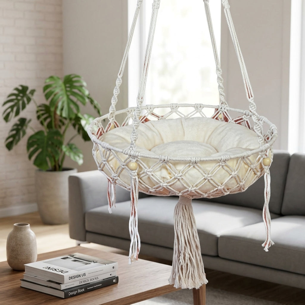 Handmade Cat Bed with Macrame Tassel, Boho Hanging Cat Bed and Hammock, Round Indoor Resting Area for Cats, Sturdy Rope with Hoop Support