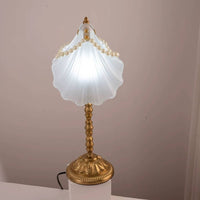 Elegant Pleated Shell Table Lamp Decorative Table Lamp with Pearl Trim Soft Shell Light Beach-Themed for Living Room, Reading Nook
