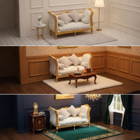 Dollhouse Sofa with Gold Frame Upholstered Miniature Settee with Ornate Frame Textured Dollhouse Sofa for Collectors, Hobbyists