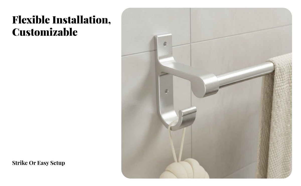Drillno-Drill Installation Double Bar Towel Hanger with Hooks Wall Mounted Double Towel Rod Rust Resistant Bathroom Rack Space-Saving for Homeowners, DIY Enthusiasts, Restroom, Laundry Room, Kitchen, Closet