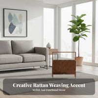 Faux Rattan Magazine Rack Multi-Functional Hand Woven Magazine Holder Space Saving Wicker Pattern Book Basket for Living Room, Bedroom, Washroom