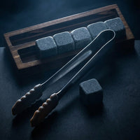 Gift for Him Whisky Stones Gift Set with 9 Chilling Stones, Bar Accessories with Silicone Ice Clip Set, Granite Rocks Reusable, Wood Barware