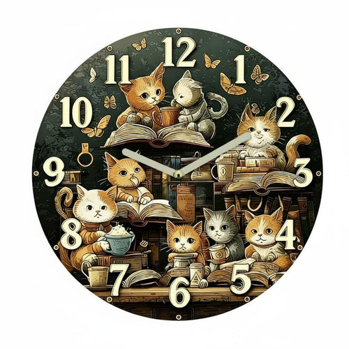 Cat Print Wall Clock Silent Movement Home Decor Battery Operated for Bedroom