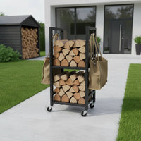 Metal Firewood Stand with Hooks Wood Storage Rack Heavy Duty Rolling Firewood Rack for Garage