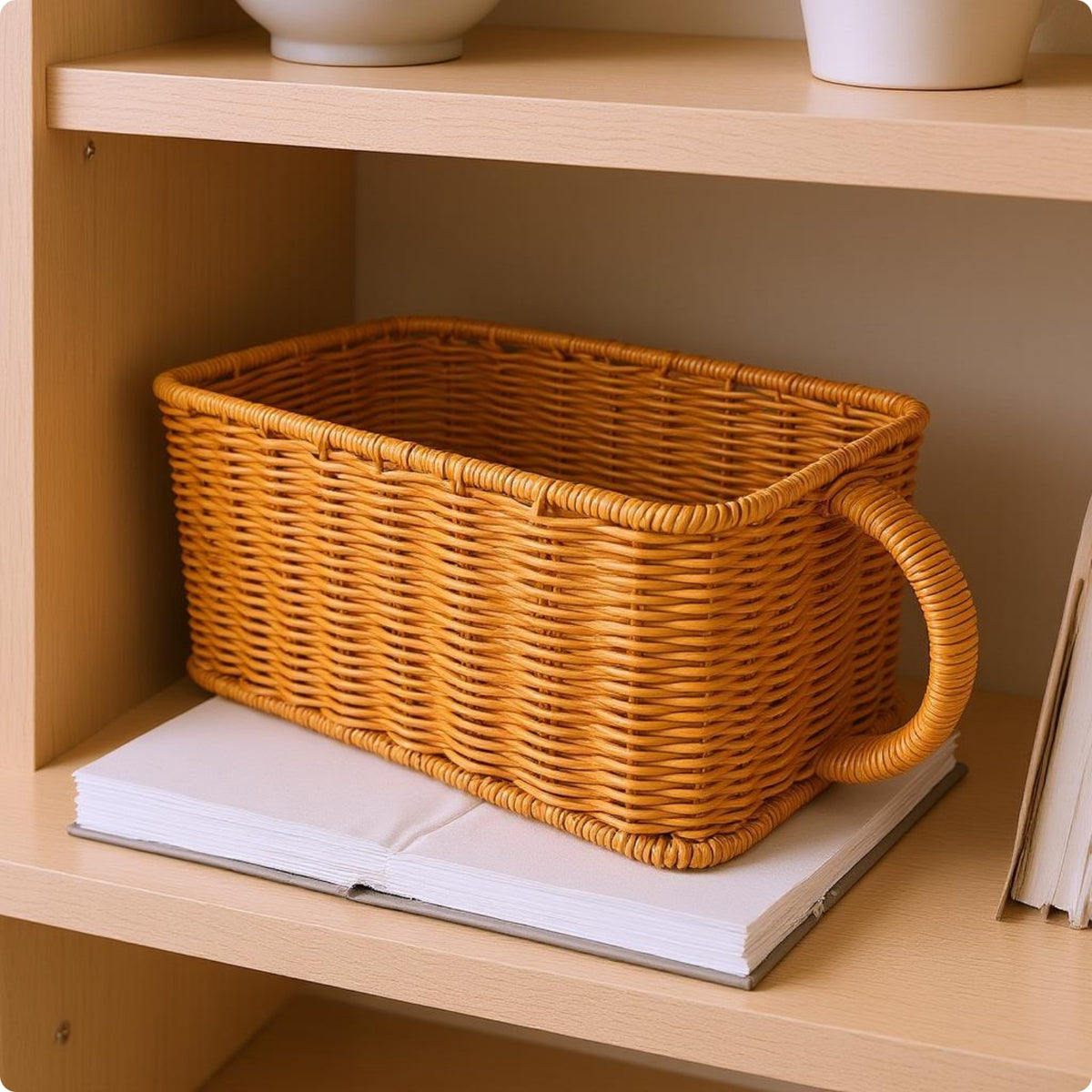 Woven Rattan Basket uncoveredTop Household Organizer Rounded Corners for Shelf