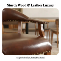 Chinese Circle Armchair Sturdy Wood Frame Accent Chair Leather Seat Archedd Armrests for Readers, Coffee Shop, Office