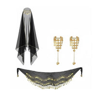 4 Pieces Sequin Details Fortune Teller Costume Kit Performance Wear Romani-Inspired Costume Accessories Lightweight Chiffon Coin Hip Scarf and Veil Set for Dancers, Women, Themed Party, Halloween, Cosplay