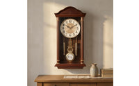 Chinese-Style Vintage Pendulum Clock Arched Crown Wood Wall Clock Stepped Base Home Decor Gold-Toned Detailing