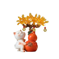 Fortune Cat with Wealth Tree Auspicious Maneki Neko Figurine Prosperity