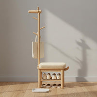 Multi-Functional Design Hall Tree with Shoe Storage Solid Wood Wooden Deer Coat Rack Bench Cushioned Seat for Mudroom