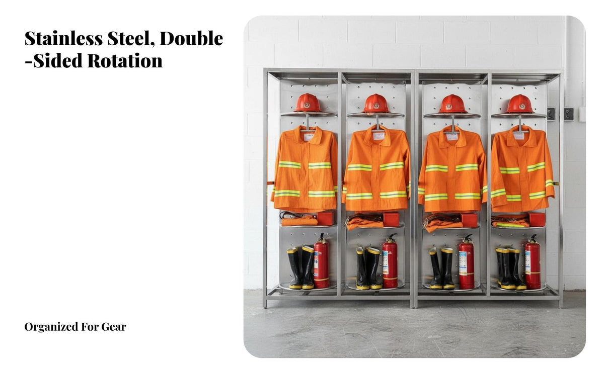 Firefighter Uniform Rack Heavy-Duty Stainless Steel Turnout Gear Rack Accessible-Design Design Double-Sided Rotating Gear Stand