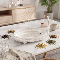 Mirrored Tray with Handles Openwork Decorative Tray Cutout edge Vintage-Retro Metal Serving Platter with Feet for Vanity, Living Room, Parties