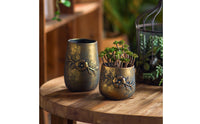 Vintage Embossed Metal Planter Open-Top Embossed Floral Planter Tapered Shape Rustic Flower Pot for Garden, Patio, Indoors