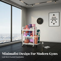 Home Gym Storage Rack Portable with Lockable Wheels Rolling Sports Accessories Rack Includes Hooks and Container Home Gym Storage Cart for Families