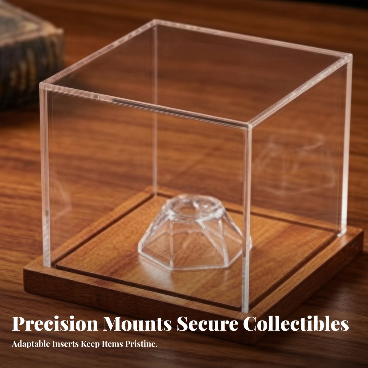 Acrylic Display Case with Wooden Base | Dustshielded Enclosure, Memorabilia Display Box with walnut Base, for Shelf