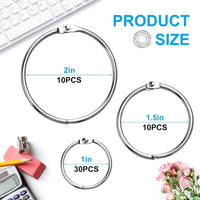 50 Binder Rings, 3 Sizes (1 inch, 1.5 inch, 2 inch) for Index Cards, Metal Binder Rings