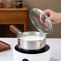 Baby Food and Milk Pan Stainless Steel Pot for Induction Hobs, Small Saucepan with Lid and Glass Lid, Noodle Pot with Wooden Handle, 1 Pack