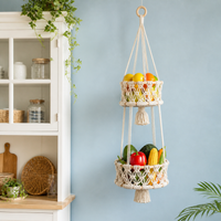 Bohemian Hanging Basket for Fruit, Handmade Macrame Hanging Basket for Kitchen, Cream Textile Fiber Fruit Hammock Storage