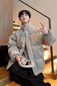 2025新款棉服男款冬季加厚羽绒服宽松外套PU皮衣立领保暖棉衣潮流