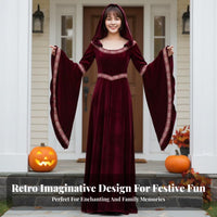 Medieval Witch Costume Retro Royal Design Hooded Dark Noble Gown Flared Sleeves
