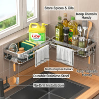 Bathroom Sink and Countertop Organizer for Students, Wall-Mounted No-Drill Stainless Steel Kitchen Shelf with Drainage Tray