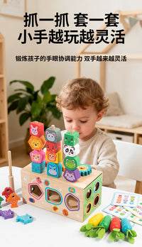 Wooden Animal Shape Sorting Toy with Fruit Matching and Fishing Game