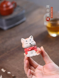 宜兴原矿紫砂茶宠猫小摆件治愈小狐狸雕塑茶具茶桌创意茶玩可养