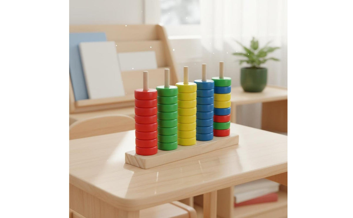 Interactive Preschool Math Learning Board Solid Wood Educational Method Counting Rings Color Number Sorting Game for Preschoolers, Toddlers, Kids