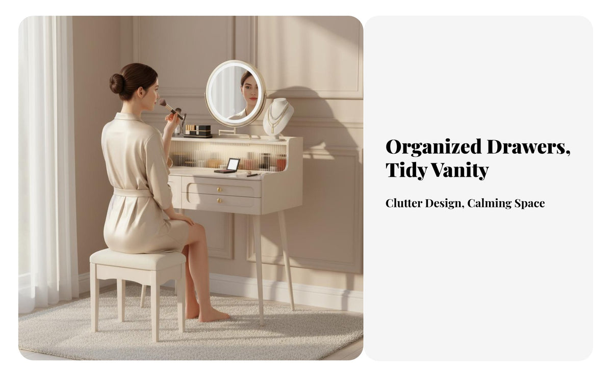 Extendable Design Retractable Bay casement Vanity Creamy and aesthetic stylistic Vanity Set with Lighted Mirror Space-Saving Makeup Table uneven leg Legs for Apartment Dwellers, Adults, Teenagers, roomy Closet