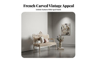 Distressed Finish Carved Wood Frame Armchair French Country design Upholstered Armchair Vintage Design Sofa dense Foam seat pad for Photo Studio Owners, Interior Designers, Living Room, Guesthouse, Bedroom, perusing corner