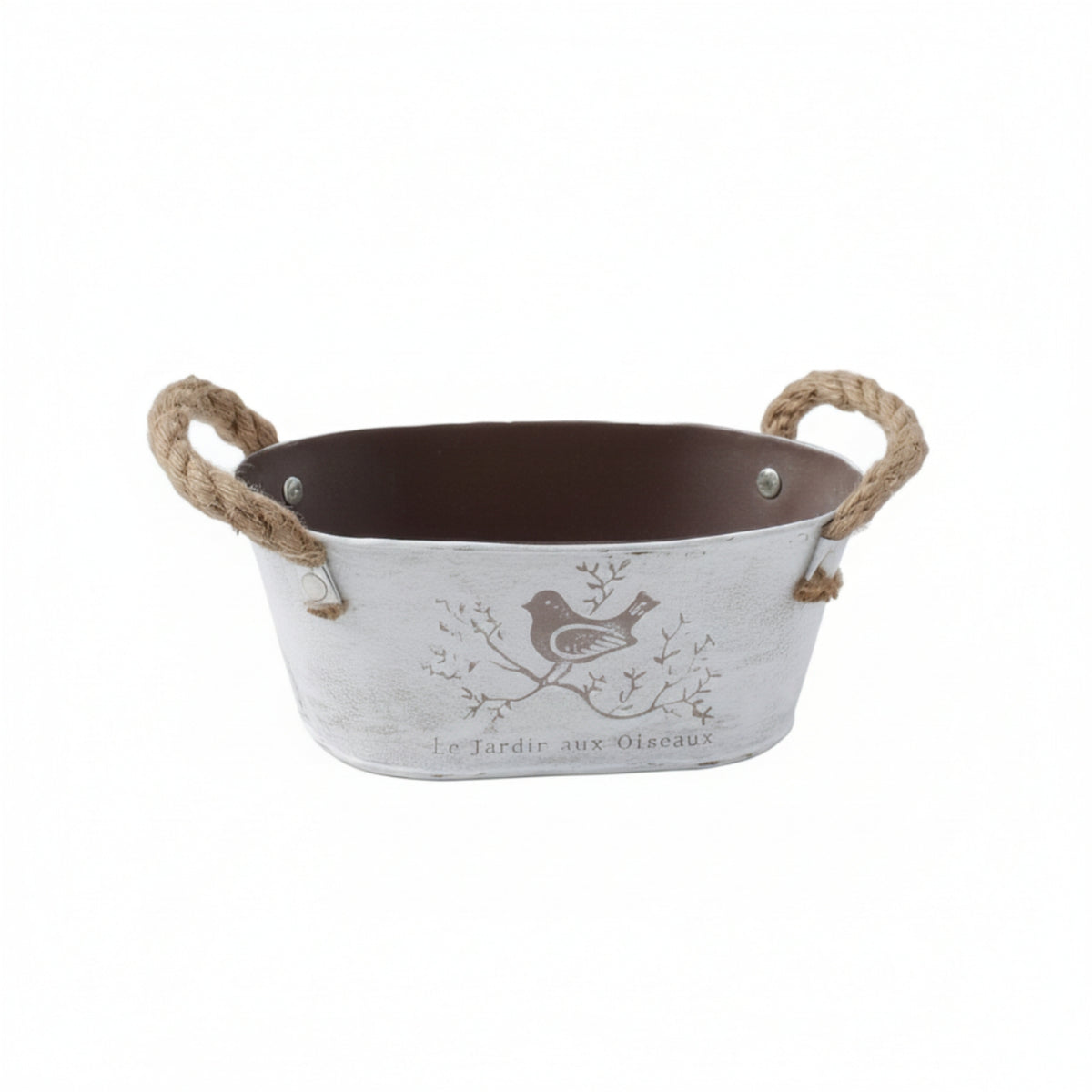 Rustic Oval Planter with Rope Handles Distressed Metal Planter with Handles Shallow Planters Tabletop for Gardeners, Windowsill