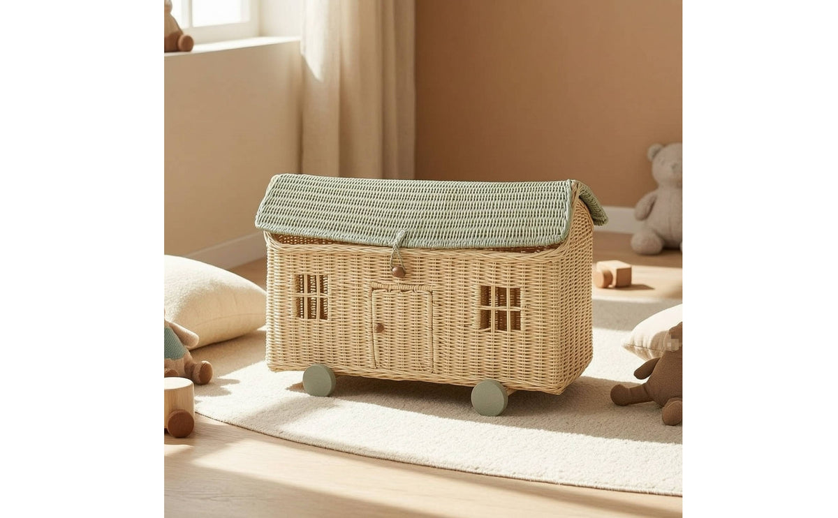House Basket with Wheels Handwoven Rattan Storage Wagon Wheeled Rolling Storage Basket for Young Children, Parents, Playroom, Nursery, Photo Setting
