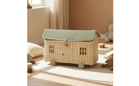 House Basket with Wheels Handwoven Rattan Storage Wagon Wheeled Rolling Storage Basket for Young Children, Parents, Playroom, Nursery, Photo Setting