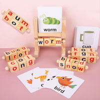 Wooden Reading Blocks Spelling Game with Cards, Montessori Rotating Letters Learning Toy for Preschool Boys and Girls