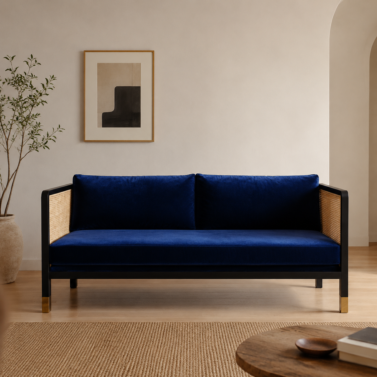 Sofa, Wooden, Rattan Sofa, 3-Seater, New Chinese Style, Washable Cover, Width 190cm