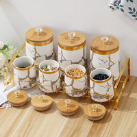 Nordic Light Luxury Spice Jar Set with Bamboo Lids and Rack, Ceramic, 3-Tier, Round, 3.1-4L