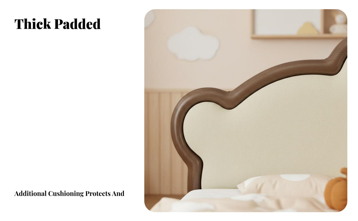 Cartoon design Upholstered Single Bed with Crown Headboard Modern Minimalist Look Princess Crown Bed Soft Padded Frame children's Furniture Anti-Collision Design for Toddlers, Parents, Bedroom, Nursery, Playroom, Guest Room