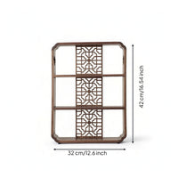 Wood Display Shelf with Carved Lattice Compact Three-Tier Shelf Small Space Wooden Bookshelf for Living Room