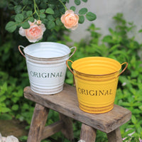 Round Metal Pail Planter Side Handles Vintage Metal Container Rustic Design