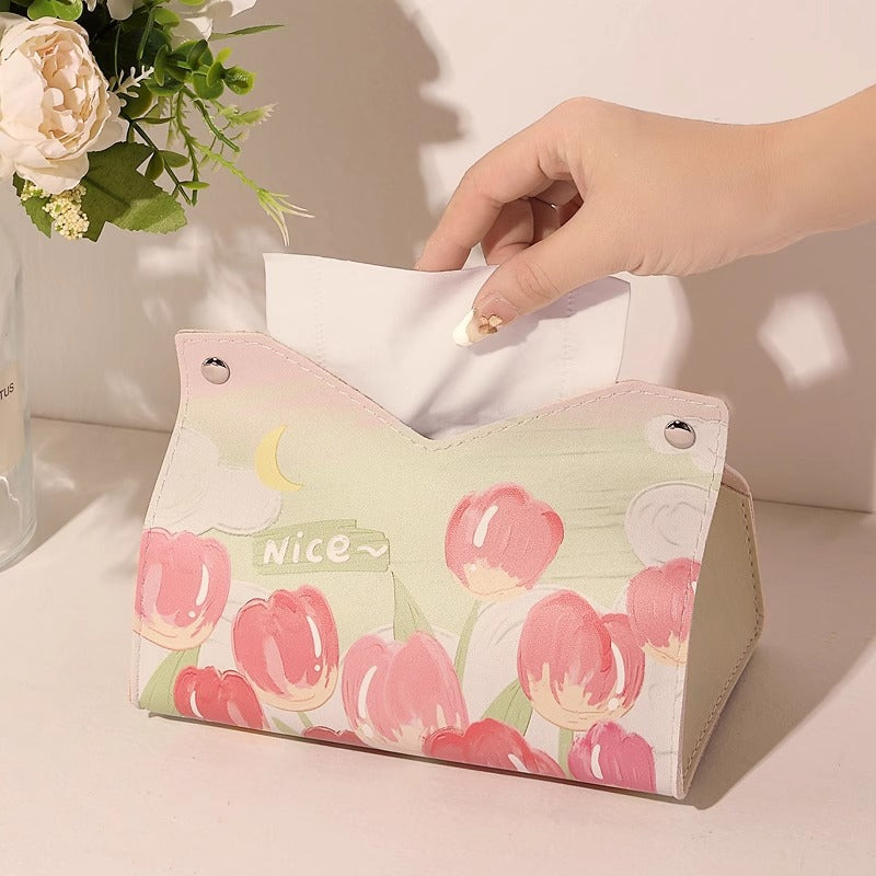 Tulip Flower Tissue Box Cover, Pastoral Style, Printed, for Bathroom