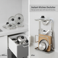 Stainless Steel Wall-Mounted Pot Lid Holder with Chopping Board Rack, Punch-Free Kitchen Organizer