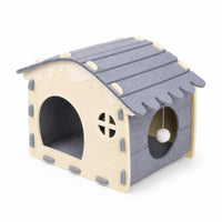 Semi-Enclosed Felt Cat House Two-wayEntry Cat Hideaway with Toy Indoor Kitty Hut Cozy for Apartment