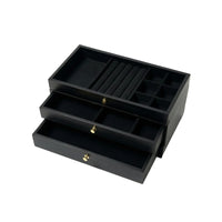 Three-Drawer Jewelry Box with Transparent Lid Rectangular Jewelry Box with Drawers Wood-Grain Container Compact for Women, Vanity, Dresser, Bedside Table