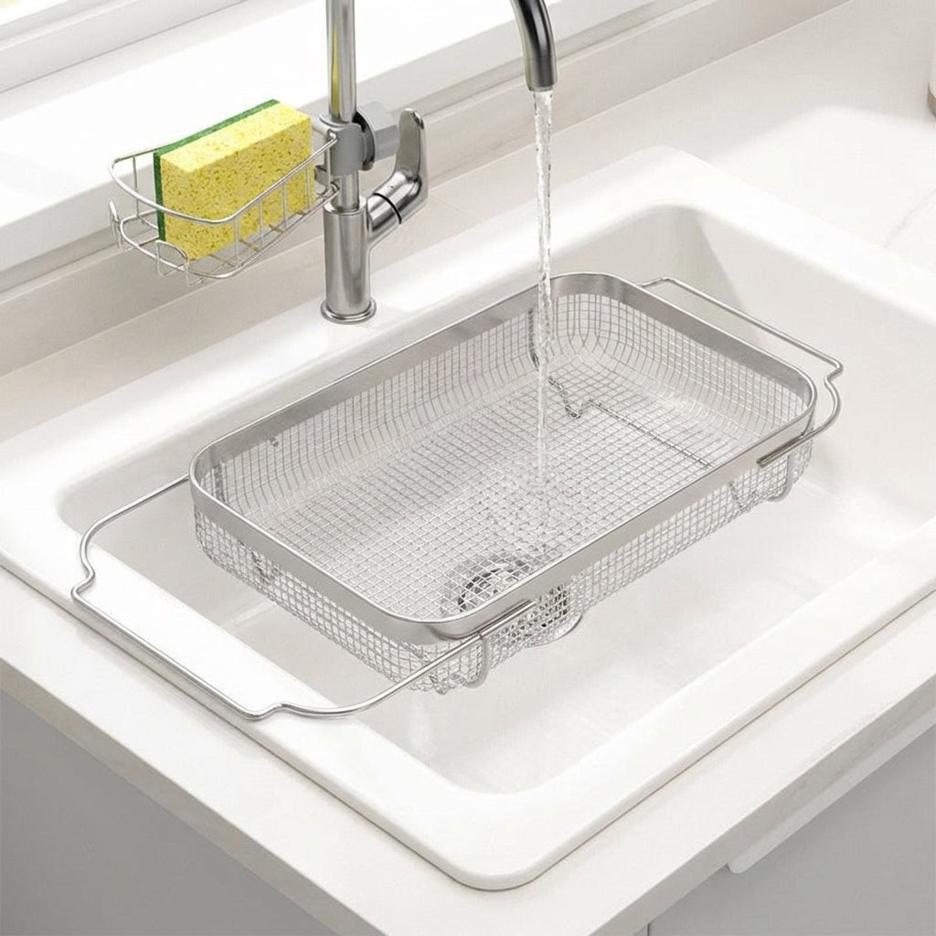 Retractable Draining Basket Kitchen Sink Drainer, 304 Stainless Steel Colander with Metal Handles, Vegetable Washing Basket for Food Processing