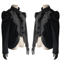 Punk Gothic Women's Long Coat Jacket with Black Embroidered Flowers and Court Lantern Sleeves