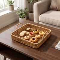 Square Woven Tray with Handles Shallow Serving Tray with Handles Wicker Bread Basket Rustic for Dining Table, Kitchen Counter, Living Room